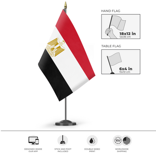 A mockup of the custom flag 'Flag of Egypt flag' as a desk flag and small hand waving flag