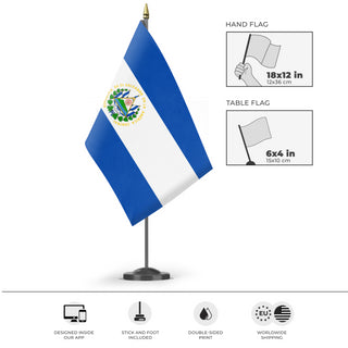 A mockup of the custom flag 'Flag of El Salvador flag' as a desk flag and small hand waving flag
