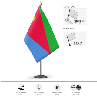 A mockup of the custom flag 'Flag of Eritrea flag' as a desk flag and small hand waving flag