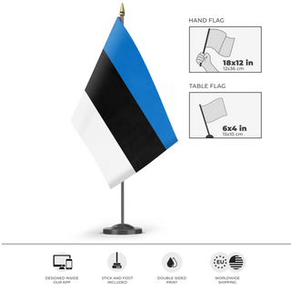 A mockup of the custom flag 'Flag of Estonia flag' as a desk flag and small hand waving flag