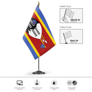 A mockup of the custom flag 'Flag of Eswatini flag' as a desk flag and small hand waving flag
