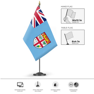 A mockup of the custom flag 'Flag of Fiji flag' as a desk flag and small hand waving flag