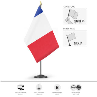 A mockup of the custom flag 'Flag of France flag' as a desk flag and small hand waving flag
