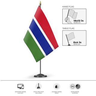 A mockup of the custom flag 'Flag of Gambia flag' as a desk flag and small hand waving flag