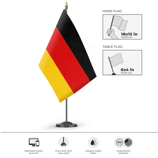 A mockup of the custom flag 'Flag of Germany flag' as a desk flag and small hand waving flag