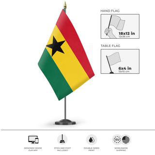 A mockup of the custom flag 'Flag of Ghana flag' as a desk flag and small hand waving flag