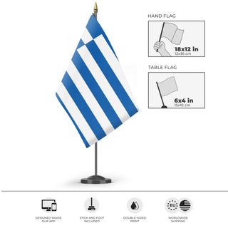 A mockup of the custom flag 'Flag of Greece flag' as a desk flag and small hand waving flag