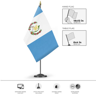 A mockup of the custom flag 'Flag of Guatemala flag' as a desk flag and small hand waving flag