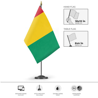 A mockup of the custom flag 'Flag of Guinea flag' as a desk flag and small hand waving flag