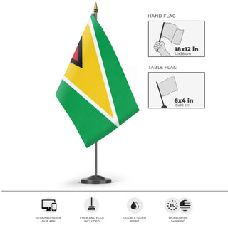 A mockup of the custom flag 'Flag of Guyana flag' as a desk flag and small hand waving flag