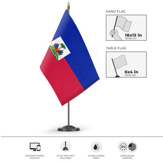A mockup of the custom flag 'Flag of Haiti flag' as a desk flag and small hand waving flag