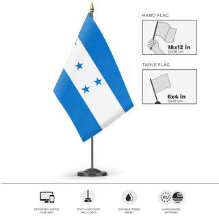 A mockup of the custom flag 'Flag of Honduras flag' as a desk flag and small hand waving flag
