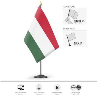 A mockup of the custom flag 'Flag of Hungary flag' as a desk flag and small hand waving flag