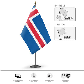 A mockup of the custom flag 'Flag of Iceland flag' as a desk flag and small hand waving flag