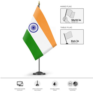 A mockup of the custom flag 'Flag of India flag' as a desk flag and small hand waving flag