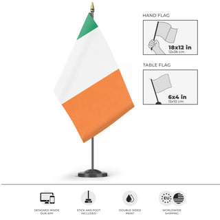A mockup of the custom flag 'Flag of Ireland flag' as a desk flag and small hand waving flag