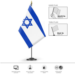 A mockup of the custom flag 'Flag of Israel flag' as a desk flag and small hand waving flag