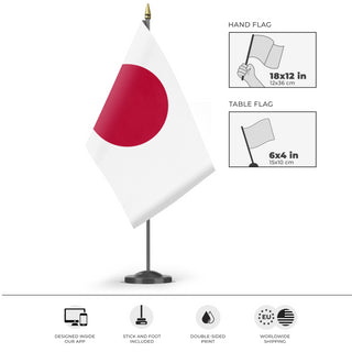 A mockup of the custom flag 'Flag of Japan flag' as a desk flag and small hand waving flag