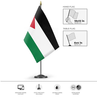 A mockup of the custom flag 'Flag of Jordan flag' as a desk flag and small hand waving flag