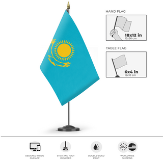 A mockup of the custom flag 'Flag of Kazakhstan flag' as a desk flag and small hand waving flag