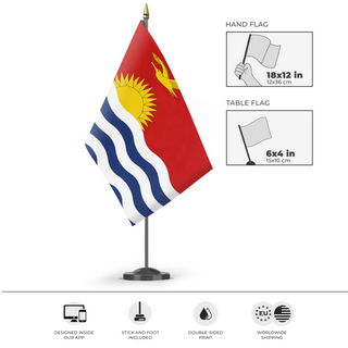A mockup of the custom flag 'Flag of Kiribati flag' as a desk flag and small hand waving flag