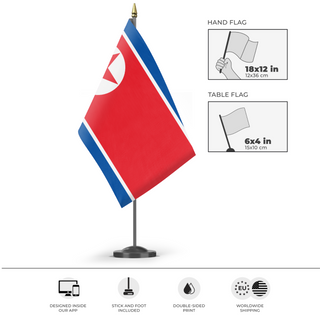 A mockup of the custom flag 'Flag of Korea' as a desk flag and small hand waving flag