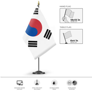 A mockup of the custom flag 'Flag of Korea' as a desk flag and small hand waving flag