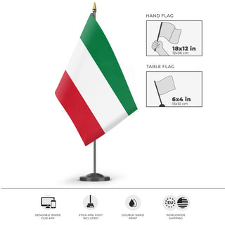 A mockup of the custom flag 'Flag of Kuwait flag' as a desk flag and small hand waving flag