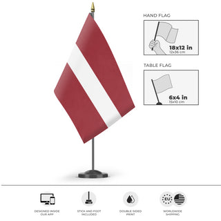 A mockup of the custom flag 'Flag of Latvia flag' as a desk flag and small hand waving flag