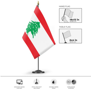 A mockup of the custom flag 'Flag of Lebanon flag' as a desk flag and small hand waving flag