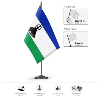A mockup of the custom flag 'Flag of Lesotho flag' as a desk flag and small hand waving flag