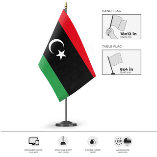 A mockup of the custom flag 'Flag of Libya flag' as a desk flag and small hand waving flag