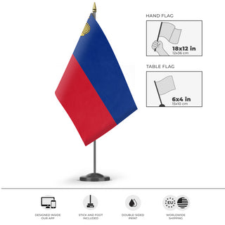 A mockup of the custom flag 'Flag of Liechtenstein flag' as a desk flag and small hand waving flag