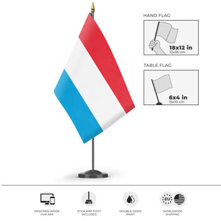 A mockup of the custom flag 'Flag of Luxembourg flag' as a desk flag and small hand waving flag