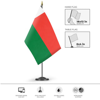 A mockup of the custom flag 'Flag of Madagascar flag' as a desk flag and small hand waving flag