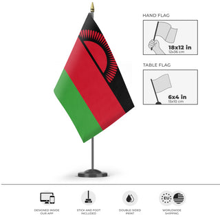 A mockup of the custom flag 'Flag of Malawi flag' as a desk flag and small hand waving flag