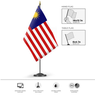 A mockup of the custom flag 'Flag of Malaysia flag' as a desk flag and small hand waving flag