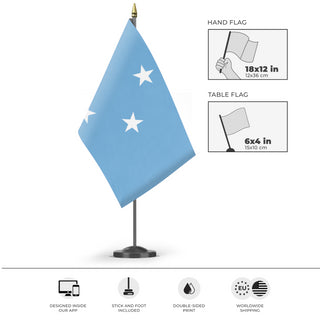 A mockup of the custom flag 'Flag of Micronesia flag' as a desk flag and small hand waving flag