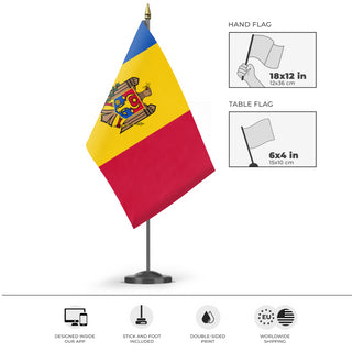 A mockup of the custom flag 'Flag of Moldova flag' as a desk flag and small hand waving flag