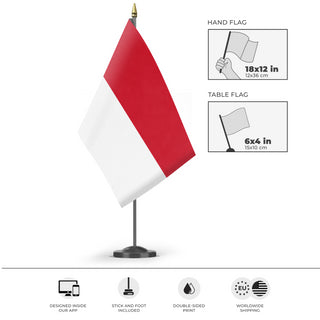 A mockup of the custom flag 'Flag of Monaco flag' as a desk flag and small hand waving flag
