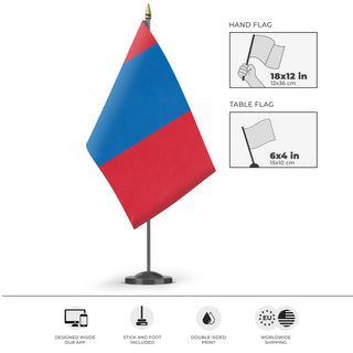A mockup of the custom flag 'Flag of Mongolia flag' as a desk flag and small hand waving flag