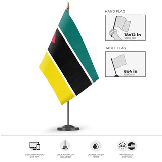 A mockup of the custom flag 'Flag of Mozambique flag' as a desk flag and small hand waving flag