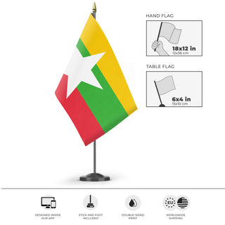 A mockup of the custom flag 'Flag of Myanmar flag' as a desk flag and small hand waving flag