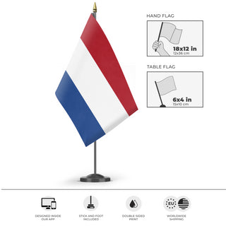 A mockup of the custom flag 'Flag of Netherlands flag' as a desk flag and small hand waving flag
