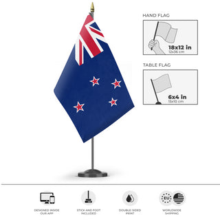 A mockup of the custom flag 'Flag of New Zealand flag' as a desk flag and small hand waving flag