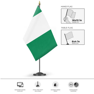 A mockup of the custom flag 'Flag of Nigeria flag' as a desk flag and small hand waving flag