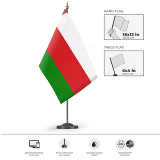 A mockup of the custom flag 'Flag of Oman flag' as a desk flag and small hand waving flag