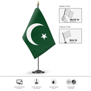 A mockup of the custom flag 'Flag of Pakistan flag' as a desk flag and small hand waving flag
