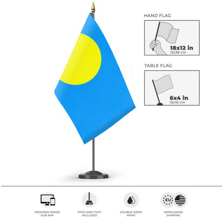 A mockup of the custom flag 'Flag of Palau flag' as a desk flag and small hand waving flag