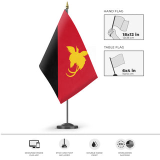 A mockup of the custom flag 'Flag of Papua New Guinea flag' as a desk flag and small hand waving flag